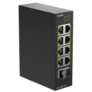 D-Link DIS-100G-10P 10-Port Unmanaged Industrial Gigabit PoE+ Switch, 2 SFP slots, Plug-and-play, Fanless, DIN-rail mount